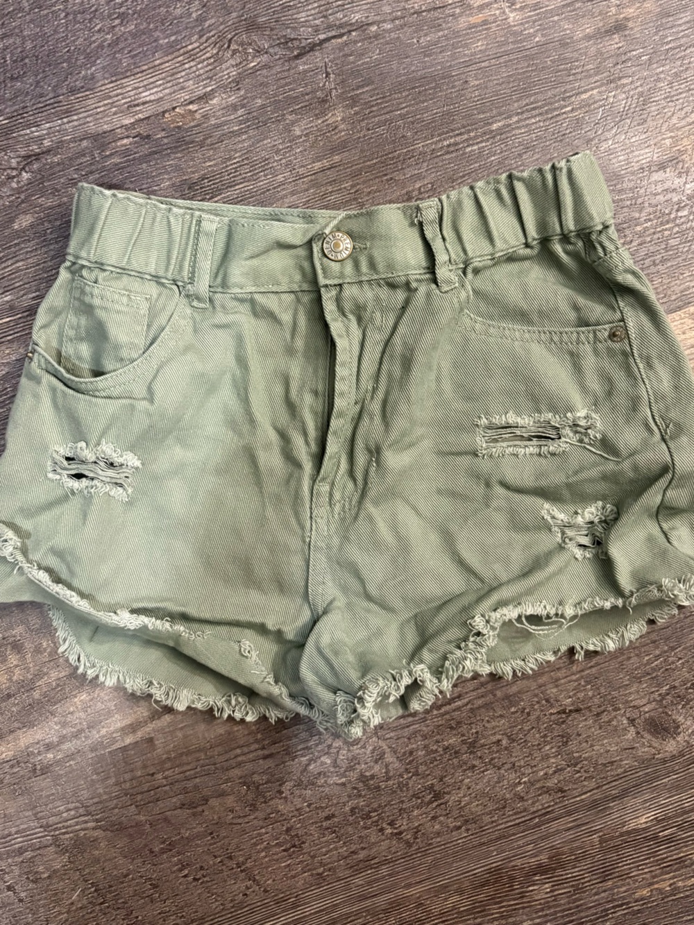 Love Tree Olive‎ Green Distressed Denim Shorts